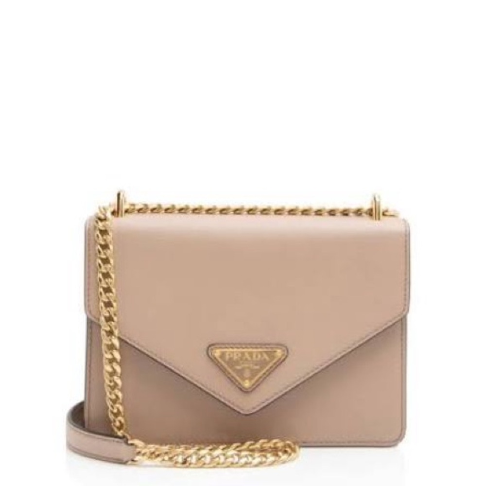 PRADA Saffiano Soft Calfskin Leather Chain Shoulder Bag Beige